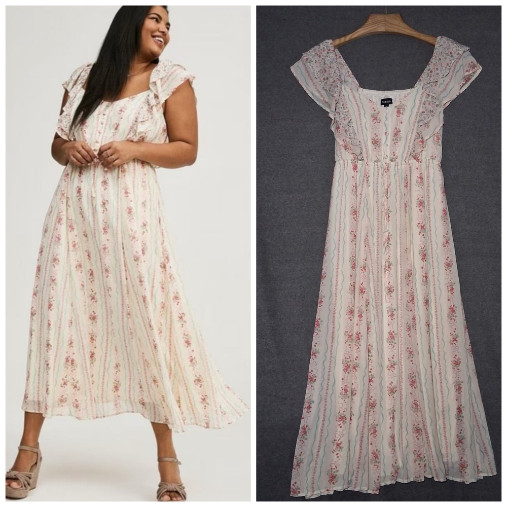 Torrid Ruffle Chiffon Maxi Dress Size 00 Butter Yellow Floral Flutter Sleeve
